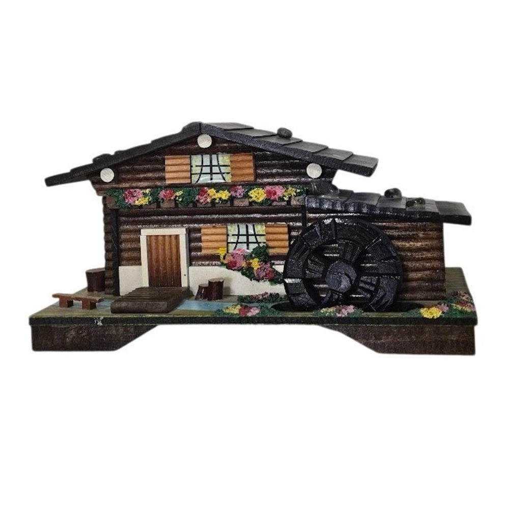 Vintage Japan Wood Chalet Music Box Water Wheel Alpine Cabin Jewelry Box Mirror